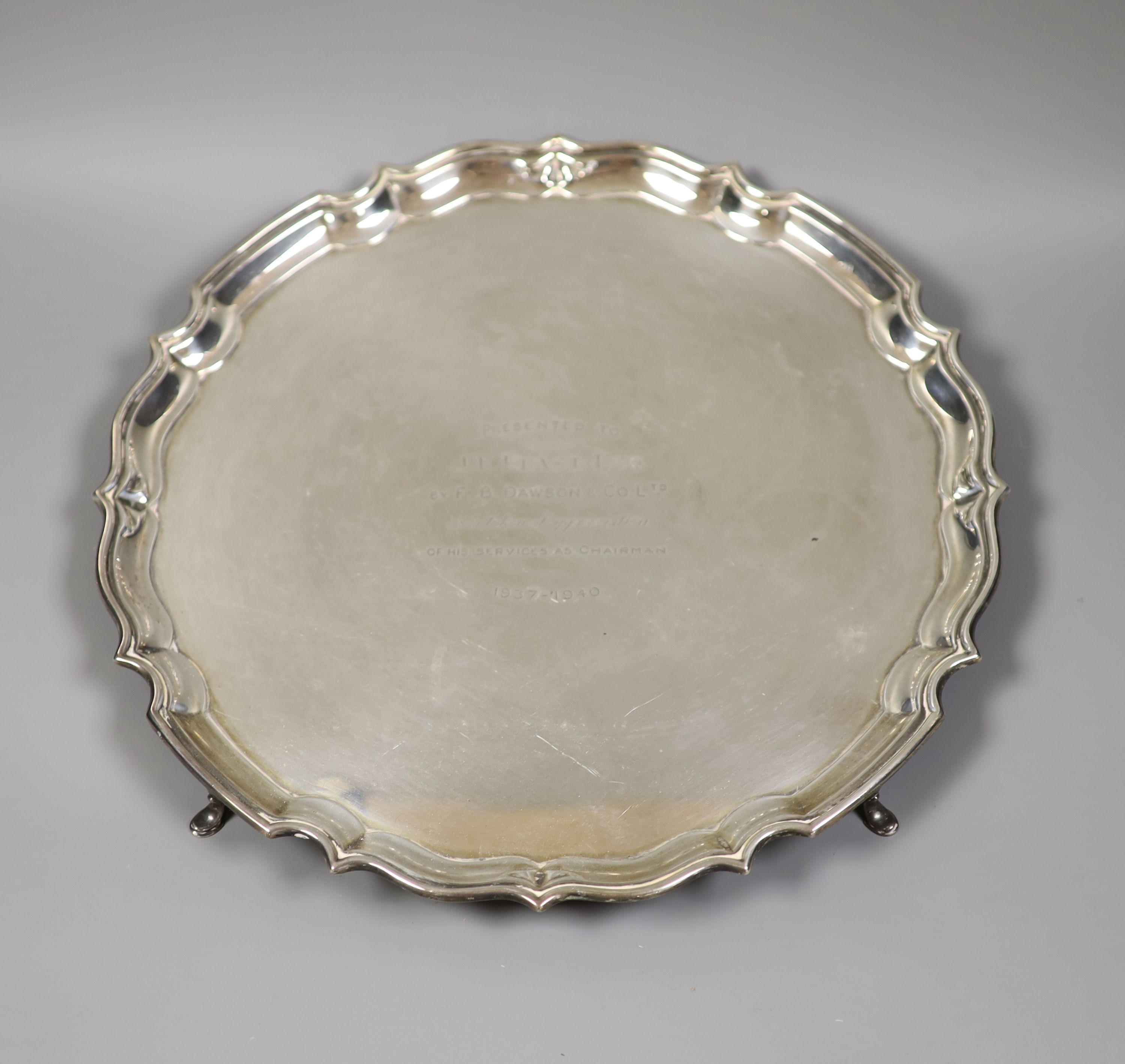 A George VI silver salver with engraved presentation inscription, Birmingham, 1939, 30.8cm, 27oz.